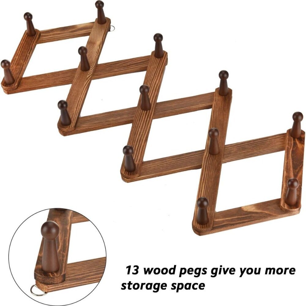 Vintage Wood Expandable Peg Rack- Multi-Purpose Accordion Wall Hangers with 13 H - Picture 8 of 9